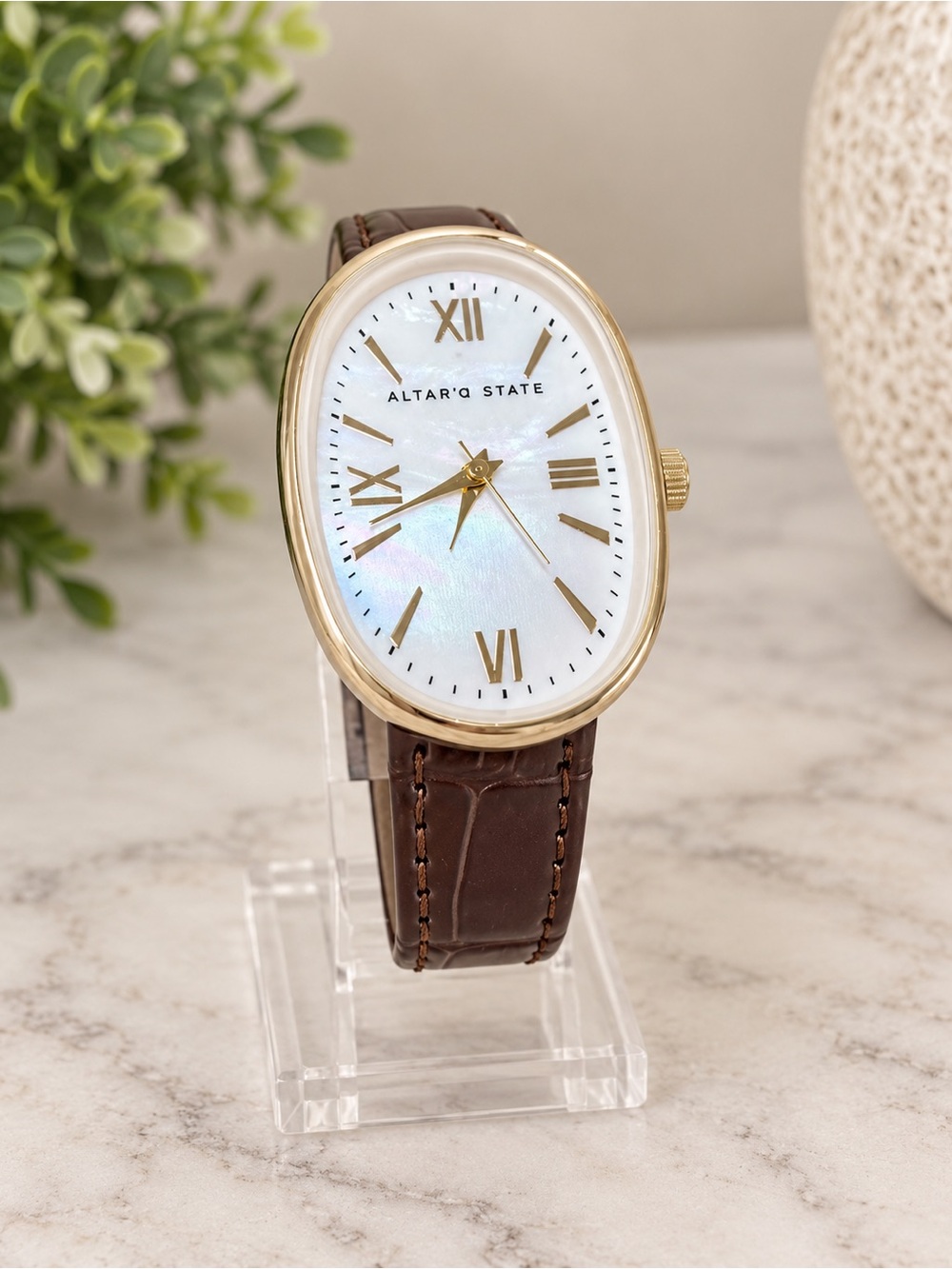 Altar'd State Gold-Tone Oval Watch with Brown Strap - Like New